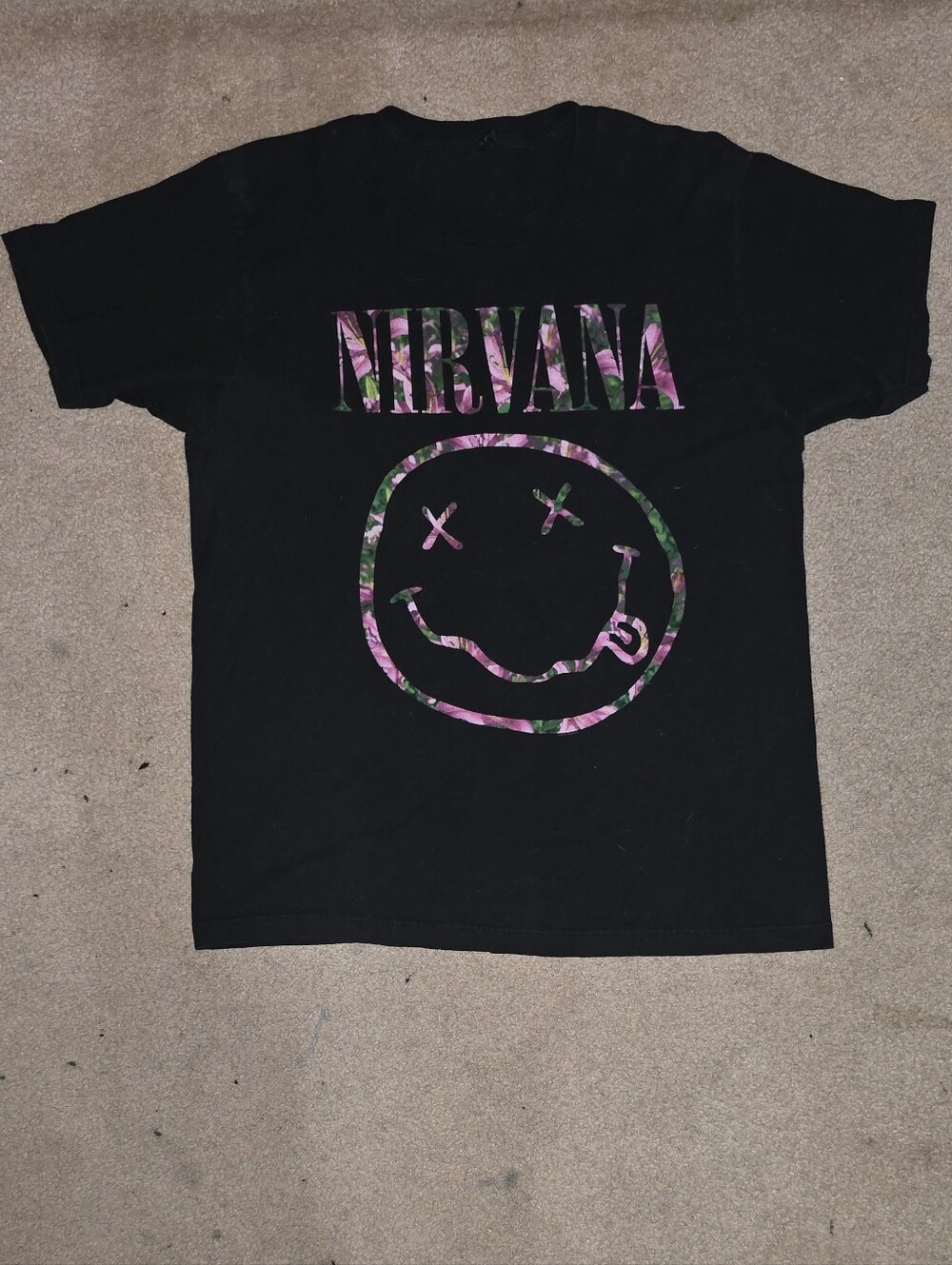 Nirvana Black Tee with Pink & Green Logo